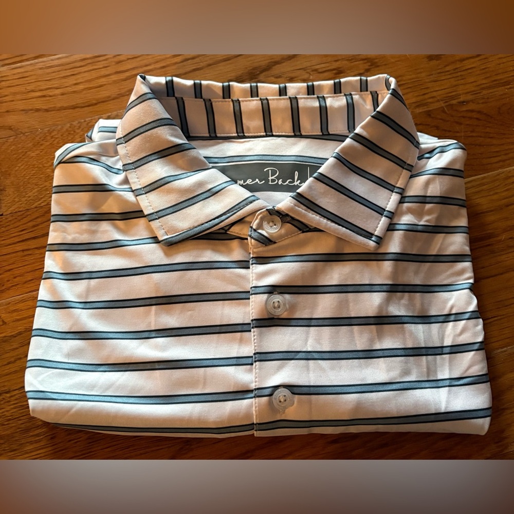 Hammer Back “Flushed It” Performance Golf SS Polo, White w/Blue Stripes, Size L